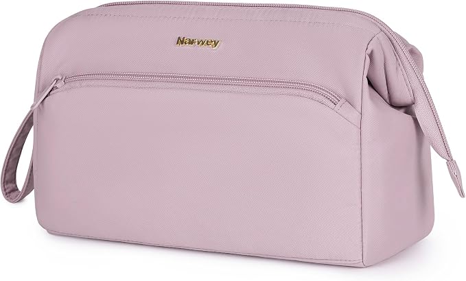 Narwey Large Travel Makeup Bag For Women Girls, Wide Open Cosmetic Bag, Portable Toiletry Bag for Cosmetics, Toiletries, Skincare, Brushes (Dusty Pink) by Narwey
