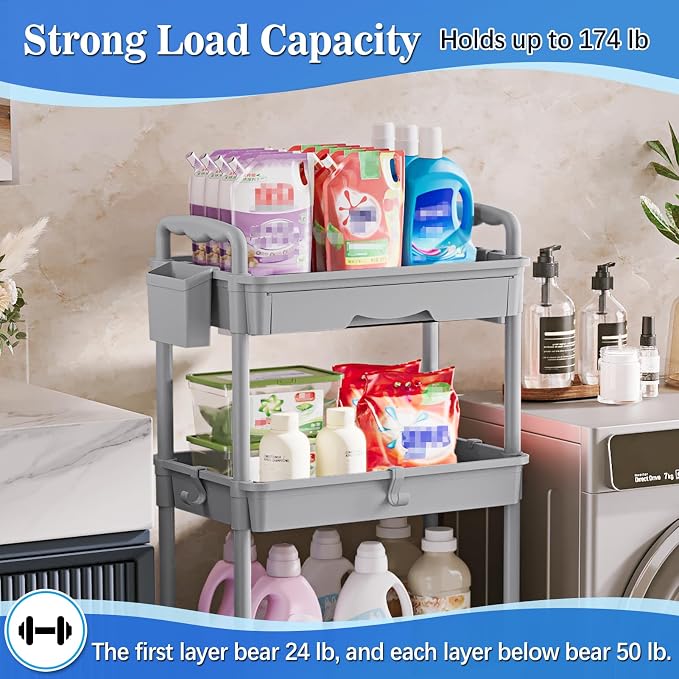 SUNALLY 4 Tier Rolling Cart with Drawer, Craft Storage Cart Organizer, Gray | Bathroom Storage Organizer with 2 Lockable Wheels, Rolling Utility Cart for Kitchen, Office, Baby, Makeup, Nail,Snack,Laundry - Image 5