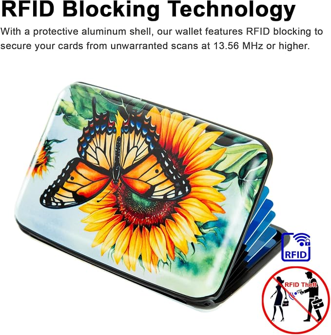 Credit Card Holder for Women Men RFID Blocking Wallet Small Business Metal Slim Mini Aluminum Hard Case (Sunflower Butterfly) - Image 3