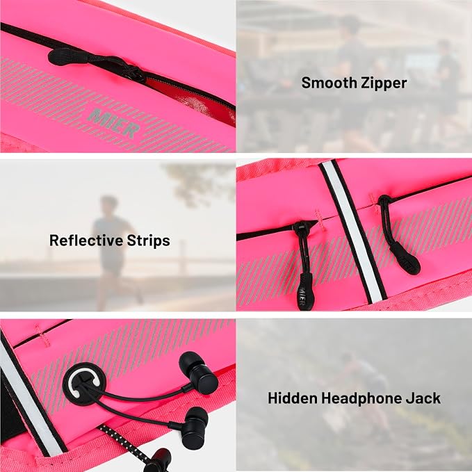 MIER Running Belt for Women & Men, Fanny Pack with Marathon Bib Clip, Pink | Slim Adjustable Phone Holder Pouch; Reflective Waist Packs for Running Essentials; Waterproof Zipper Pockets - Image 6