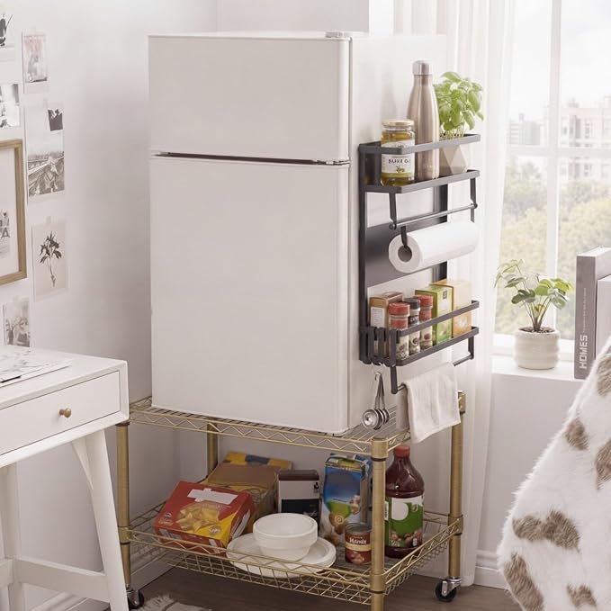 Vercraft Magnetic Dorm Fridge Organizer Heavy Duty Metal 66lbs over Dorm Fridge Shelf Essentials Side of Fridges Paper Towel Holder with Storage Shelf Hooks Magnetic Spice Rack for Room Kitchen(Black) - Image 4