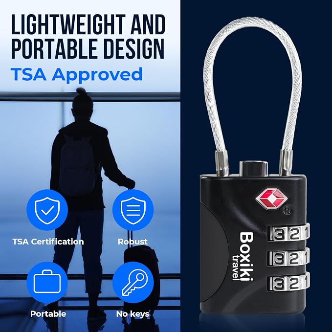 TSA Approved Cable Luggage Locks 2 Pack, 3-Dial Combination Travel Lock Set with Flexible Steel Cable for Suitcases, Backpacks, Carry On Bags, Duffels, Zippers & Cabin Baggage, Small Keyless Padlocks - Image 2