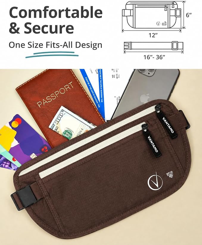 Vantamo Money Belt with RFID For Men & Women, Hidden Passport Holder for Travel, 2 Compartment Travel Fanny Pack for Women Anti Theft - Image 4