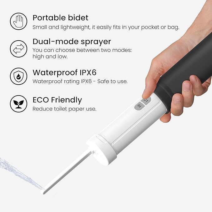 VOVO Go Portable Electric Bidet for Travel - 2 Adjustable Pressure Settings, Compact Handheld Bidet, Ideal for Personal Hygiene & Postpartum Care, Lightweight & Leak-Proof, Made in Korea - Black - Image 4