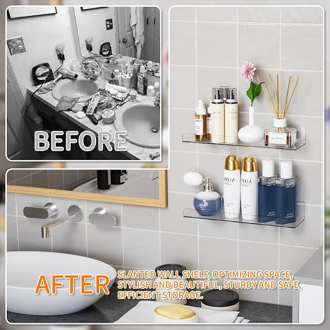6 Pack Acrylic Shelves for Wall Storage- No Drilling Adhesive Shelves - Clear Stick On Bathroom Wall Shelf Organizers,Plastic Floating Shelves for Perfume,Funko,Lego,Skincare,Bookshelf for Kids - Image 4