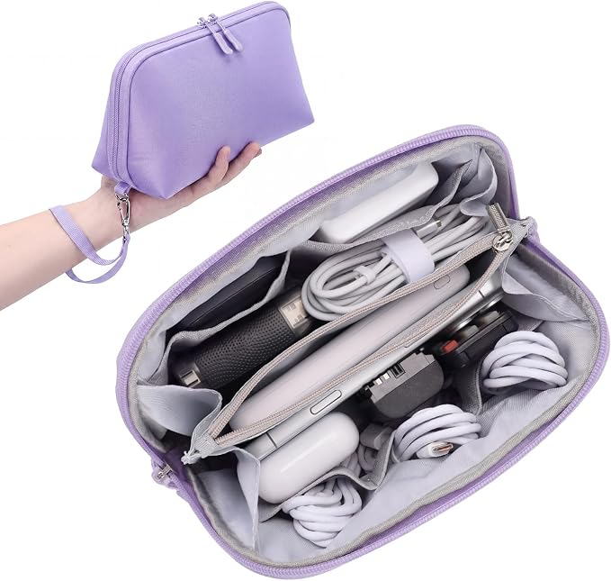 FYY Travel Cable Organizer - 8 Compartments, Lightweight, Water Repellent | With Wrist Strap, Portable Tech Pouch for Cord Charger, Travel and Business Trips Use, Soft Shell Nylon, Purple (Large) by FYY