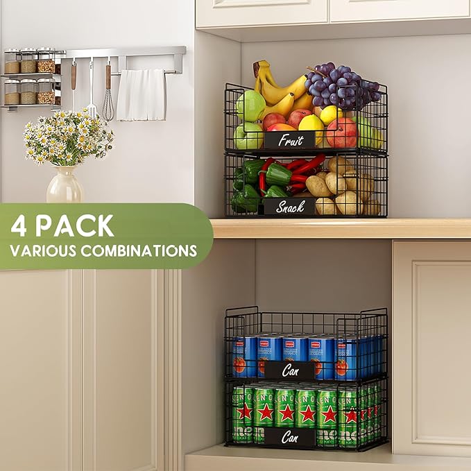 JKsmart 4 Pack XXL Stackable Wire Baskets for Pantry Organizers and Storage | Vegetable and Fruit Basket with Name Plates & Handles, Kitchen Pantry Organizer for Snack Can Fruit Veggies - Image 5