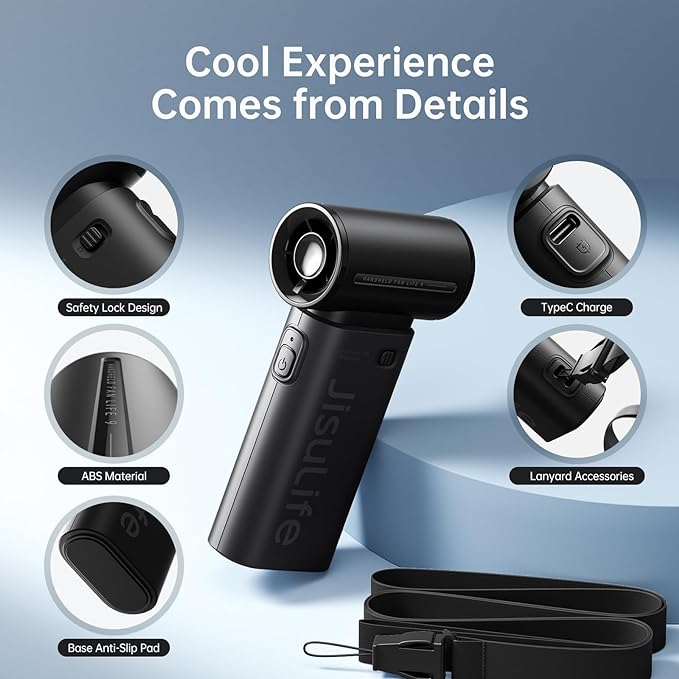 JISULIFE Portable Handheld Fan Life9, Turbo Airflow, Up to 18H Runtime | 5 Speeds, 5000mAh, Mini Pocket Design, Personal Fan for Travel, Concerts, Makeup, Trendy Gifts for Women Men -Black - Image 6