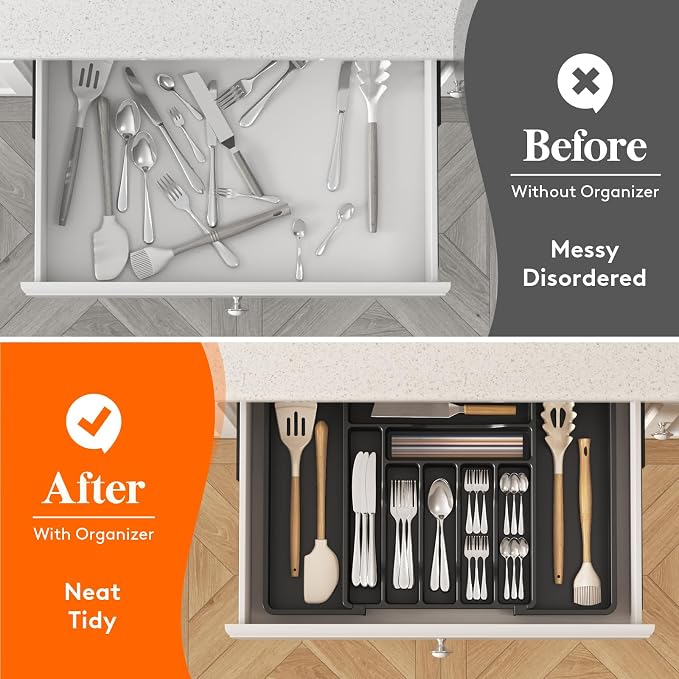 Lifewit Expandable Silverware Drawer Organizer, Kitchen Utensil Tray | BPA-free Plastic Flatware Cutlery Holder, Space-Saving Storage for Spoons Forks Knives, 13-22.4 x 15“, Black - Image 8
