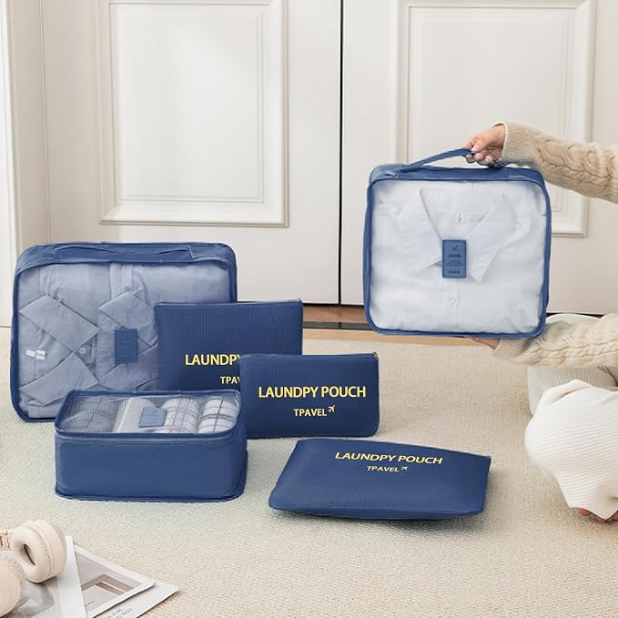 6 Set Packing Cubes for Travel Luggage Packing Bags Reusable Waterproof Suitcase Organizer Bags Set with Shoe Bag and Toiletry Bag (Navy Blue) - Image 9