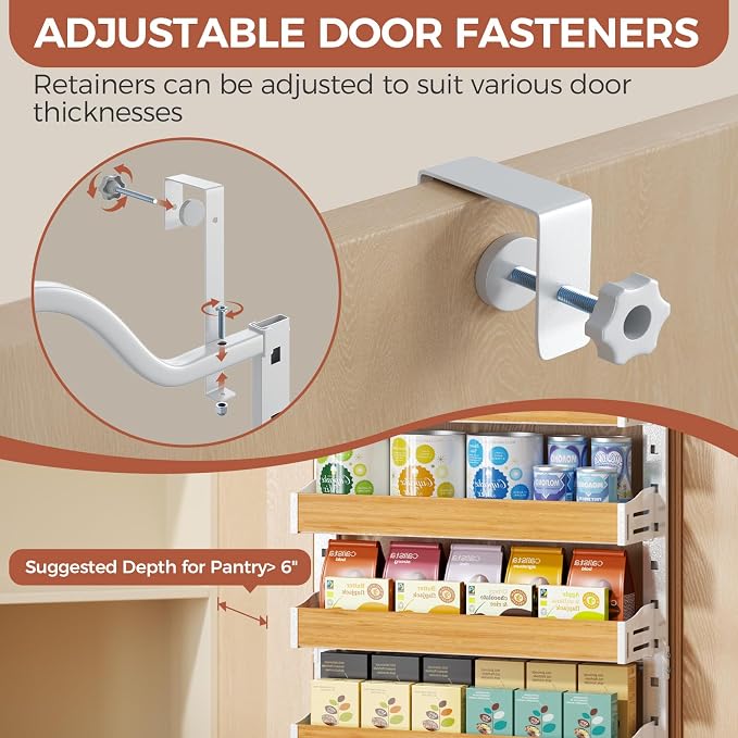 8-Tier Pantry Door Organizer, Over the Door Pantry Organizer with Wooden Adjustable Baskets, 2 IN 1 Spice Rack Wall Mount or Door Organizer, Door Spice Rack for Pantry（72.6×17.1×5.1in,White) - Image 3