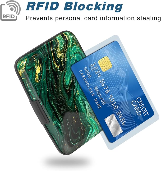 Credit Card Holder, Mini Aluminum Card Wallet RFID Blocking Slim Metal Hard Card Case for Women Men, Green Gold Marble - Image 2