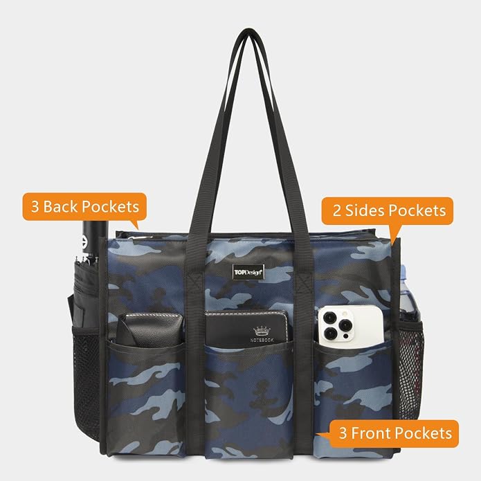 TOPDesign Utility Water Resistant Tote Bag with 13 Pockets, Top Zipper Closure & Thick Bottom Support, for Working Women - Image 3