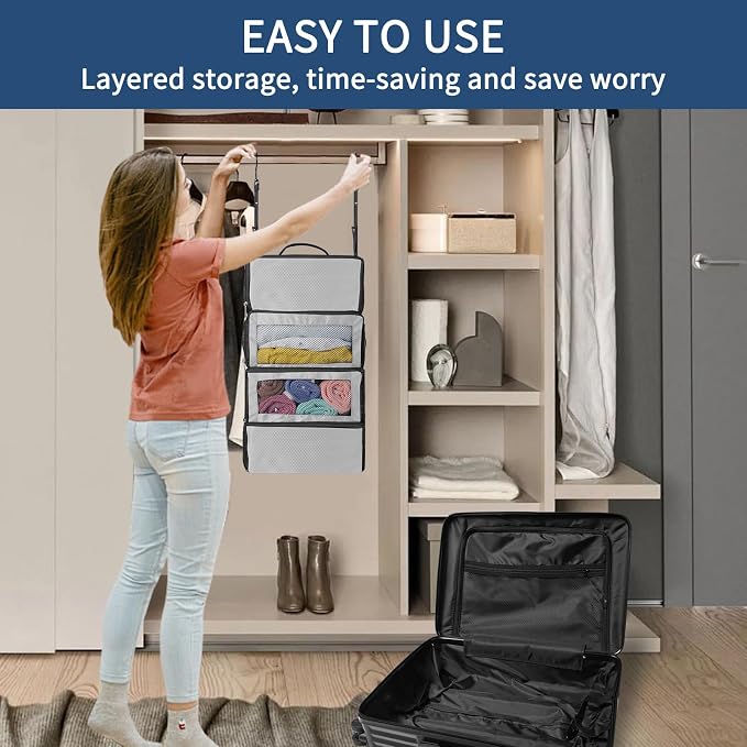 esouler Suitcase Organizer - Hanging Packing Cubes & Portable Collapsible Travel Shelves for Carry-on (Grey, Small) - Image 5