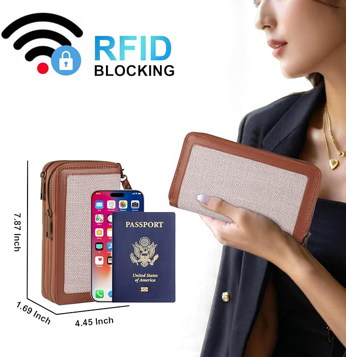 Double Zipper Wallet RFID Blocking Cellphone Wristlet for Women Large Capacity Multi Card Clutch Purse with Removable Strap, Grey Linen Brown - Image 2