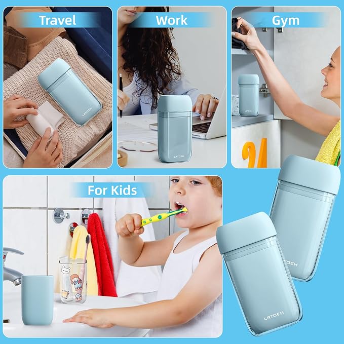 Travel Toothbrush Case, Mini Wash Cup with Foldable Toothbrush | Mini rinse cup, for camping business hiking travel, toothbrush included, lightweight plastic, Cups with cover, blue - Image 6