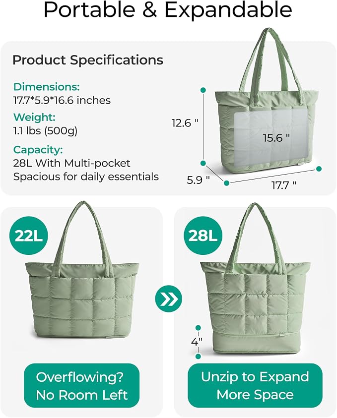 BAGSMART Expandable Tote Bag for Women, Puffer Work Tote Travel Bag | Quilted Carry On Bag for Travel Work Gym College, Waterproof Travel essentials - Image 3