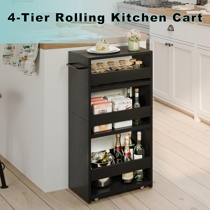 MARTY Slim Rolling Storage Cart, Wood Utility Kitchen Bathroom Laundry Cart | 4 Tier Kitchen Cart with Wheels Handle, Laundry Room Organization Between Washer and Dryer, Narrow Storage Cabinet, 8” Wide - Image 5
