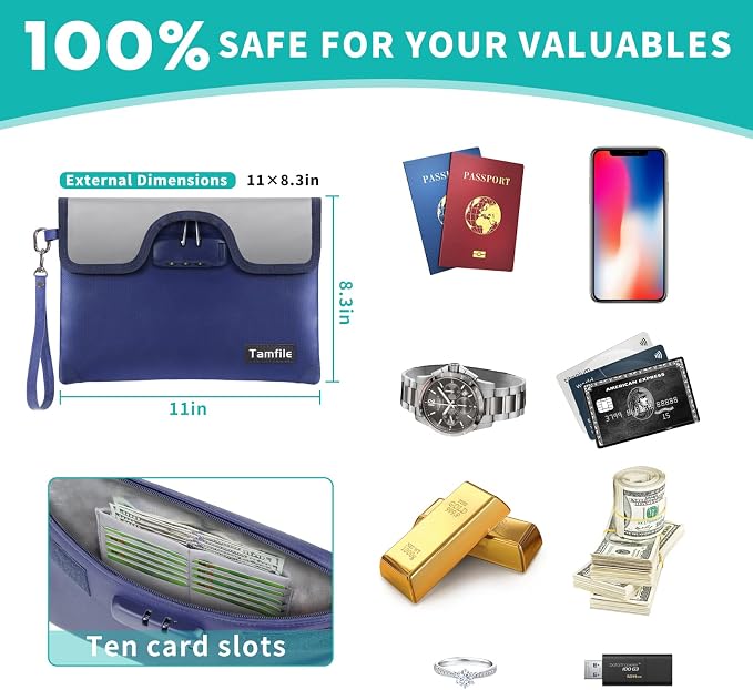 5200°F Fireproof Money Bag with Lock, Water Fireproof Document Bag with Zipper, 8 Layers Fire Insulation, Small Fireproof Safe Storage Pouch with Lock for Cash, Passport, (8.3" x 11", Blue) - Image 4