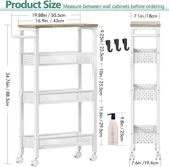 Vivihomety 4-Tier Slim Utility Rolling Laundry Cart with Wheels, Metal | Narrow 7.1" wide, Lockable wheels, wood top panel, metal frame, with handle, for laundry, bathroom, kitchen, white - Image 4