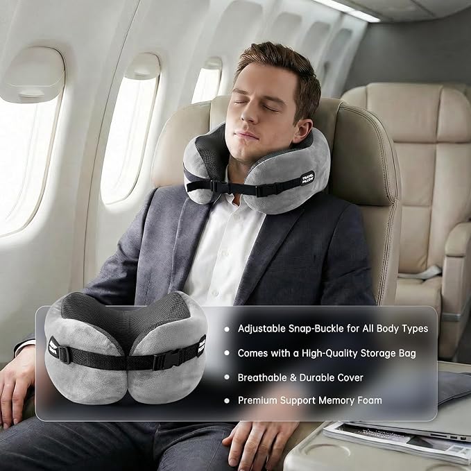 Neck Pillow Travel Pillow - 100% Pure Memory Foam Airplane Pillow with Adjustable Clasp & Removable Cover, Portable Travel Essentials for Long Flights, Car & Office (Light Gray, with Eye Mask) - Image 7