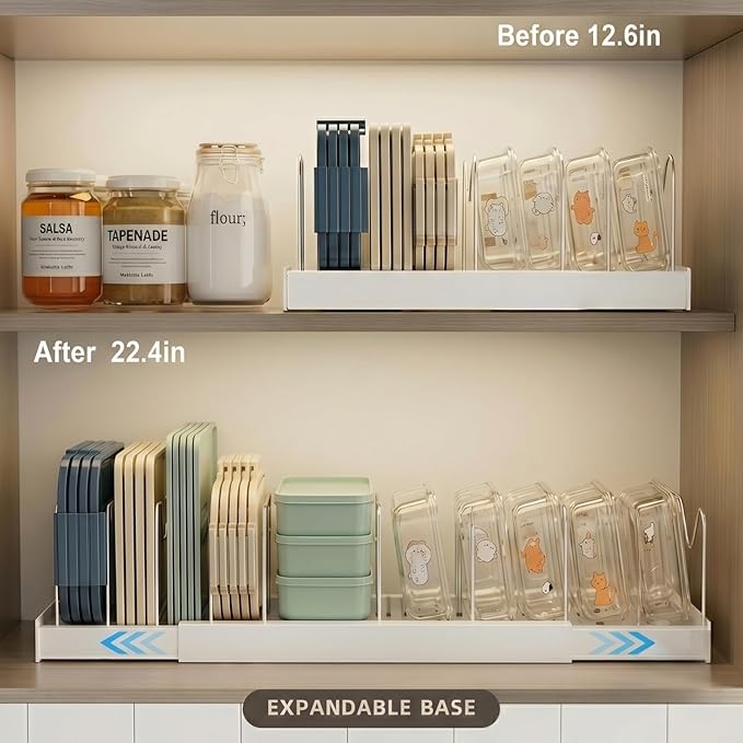 Magheo Expandable Food Storage Container Lid Organizers, 22" Pots and Pans Organizer Under Cabinet with 9 Adjustable Dividers Pot and Pan Lid Holders Rack Inside Cabinet(White,1 Pack) - Image 3