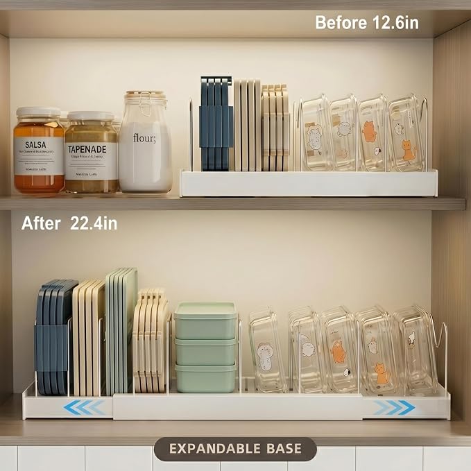 Magheo 2 Pack Expandable Food Storage Container Lid Organizers, 22" Pots and Pans Organizer Under Cabinet with 9 Adjustable Dividers Pot and Pan Lid Holders Rack Inside Cabinet(White) - Image 3