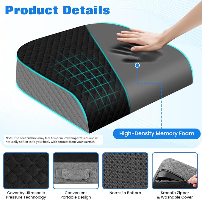 Seat Cushion, Office Chair Cushion, Chair Pad, Large, Black, Large | Memory Foam, Washable Cover, Non-slip Bottom, Portable Handle, for Office, Home and Car - Image 3