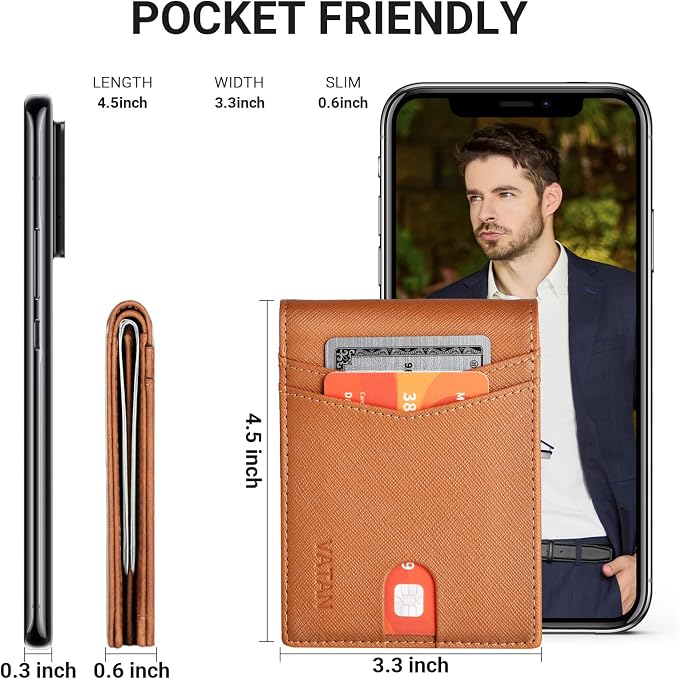 VATAN Wallet for Men Slim RFID Blocking Leather Credit Card Holder Wallet for 15 Cards, Bifold Minimalist Thin Wallet with 2 ID Windows & Cash Slot, With Gift Box (Cross Grain Brown) - Image 4
