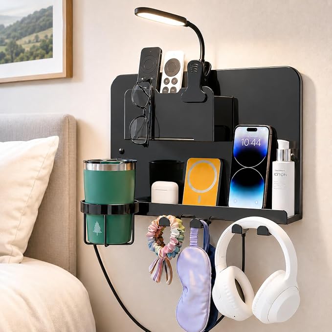Floating Bedside Wall Shelf, Metal Wall Organizer with Detachable Cup Holde | No Drill Floating Wall Mounted Storage for Bedroom, Dorm, Loft Bed, Bunk Bed & Small Space Organization by ODCPN