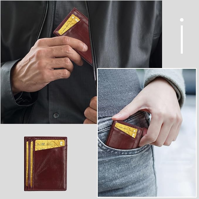 Unaone Slim Minimalist Wallet - Premium Leather RFID Blocking Front Pocket Wallets with 8 Card Slots and 2 ID Window, Wine Red - Image 6