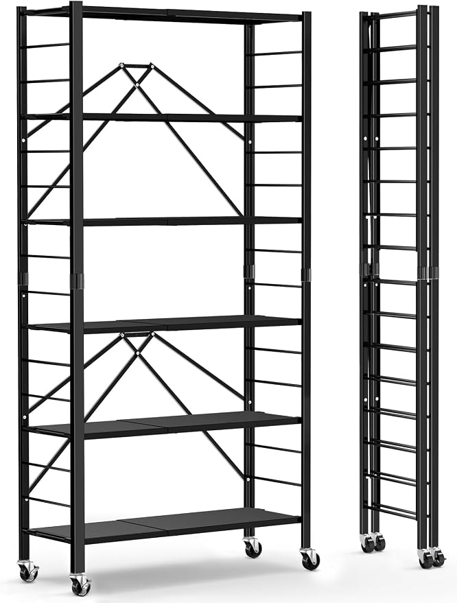 Himix 6-Tier Foldable Storage Shelves with Wheels Adjustable Kitchen Black | Folding shelving units, Metal collapsible organization, Metal shelf, Changeable into 2 shelf units, Garage by Himix