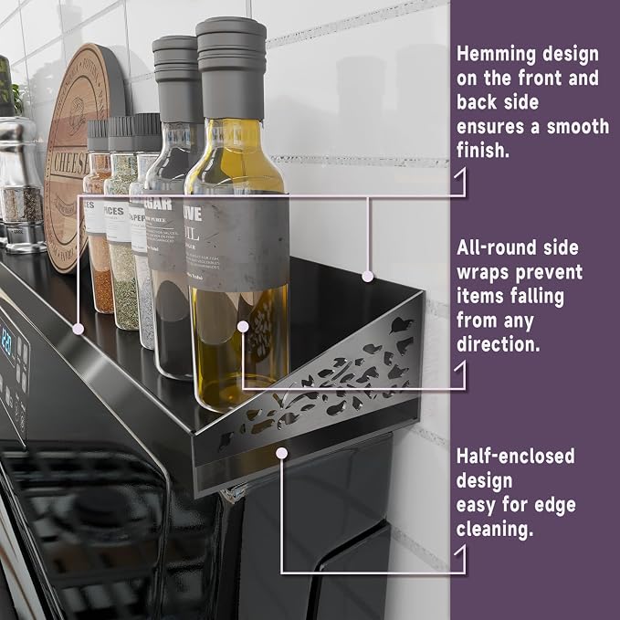 STUTOV 30" Magnetic Stove Top Shelf – Black Stainless Steel Spice Rack and Seasoning Organizer – Kitchen Shelf for Back of Stove – Over Stove Rack and Storage Organizer - Image 3