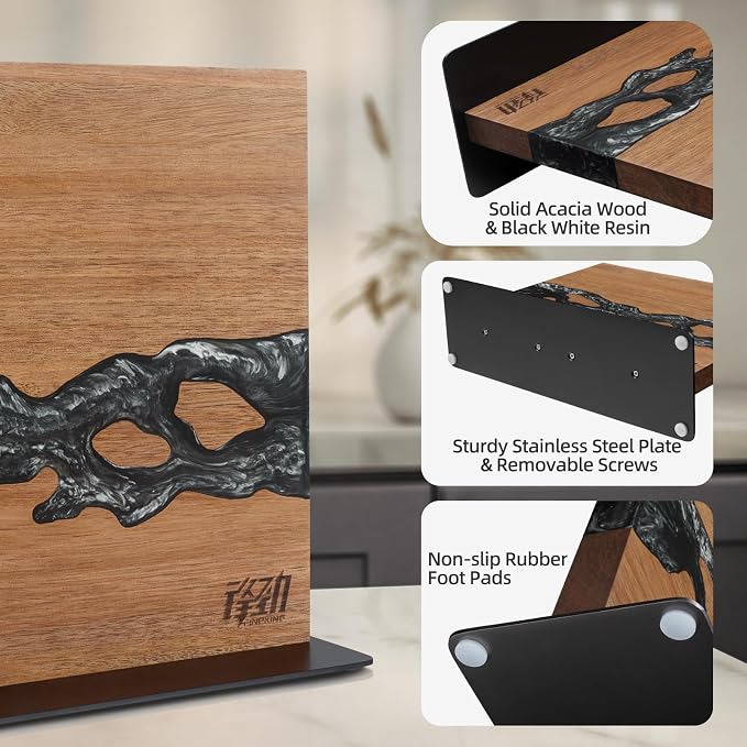 Magnetic Knife Block, Double-Sided Knife Holder with Strong Magnets, Acacia Wood and Black White Resin, Countertop Kitchen Knife Storage Stand (12 × 10 Inches, Without Knives) - Image 5