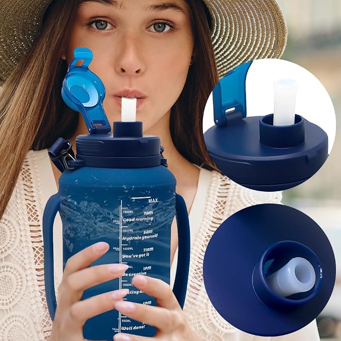 64oz Foldable Water Kettle - Straw & Motivational Time Marker, Half Gallon Silicone Reusable Bottle for Airport Travel, Outdoor Adventures & Home/Office (Blue) - Image 8