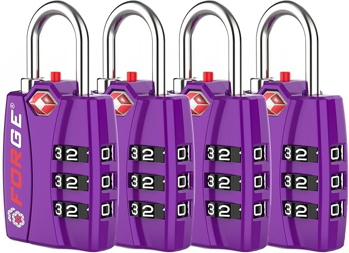 Forge Open Alert TSA Approved Luggage Locks - 3 Digit Combination, Easy Read Dials, Zinc Alloy Body - Ideal Travel Lock for Luggage, Suitcases, Bags & Toolboxes (Purple 4 Locks) by Forge
