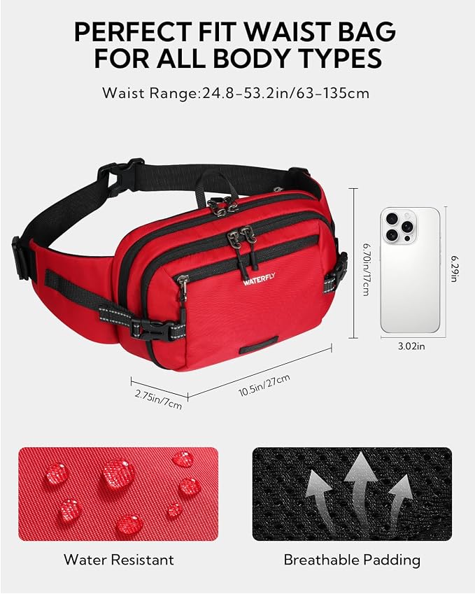 WATERFLY Fanny Pack Waist Bag: 3L Large RFID Anti-Theft for Travel | 180-Degree Opening Design, 5 Pockets, Nylon, Reflective Webbing, Adjustable Buckles, Hiking Daily Use, Women Men - Image 6