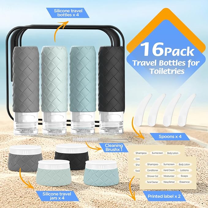 16 Pack Travel Bottles for Toiletries, TSA Approved Travel Size Toiletries Containers Set, BPA-Free Silicone Leak Proof Refillable Bottles Stackable Creams Jars Accessories Kit W/Clear Bag(Gray) - Image 3