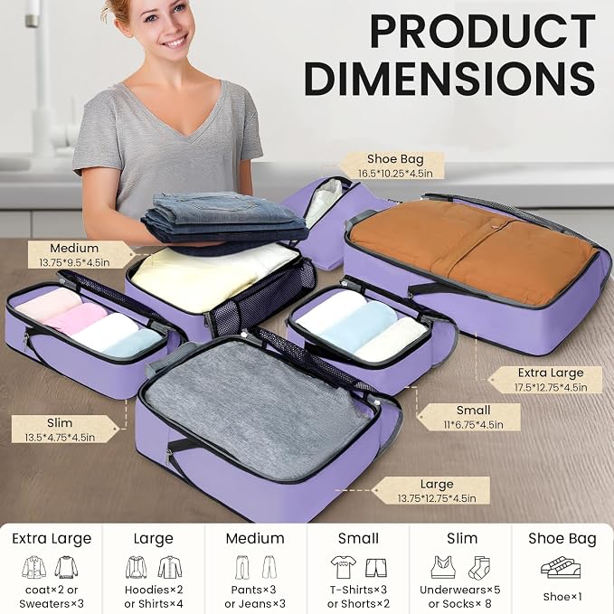 BAGAIL 4 Set/6 Set/8 Set Compression Packing Cubes Travel Accessories Expandable Packing Organizers (Half Mesh, 6-Lavender) - Image 2