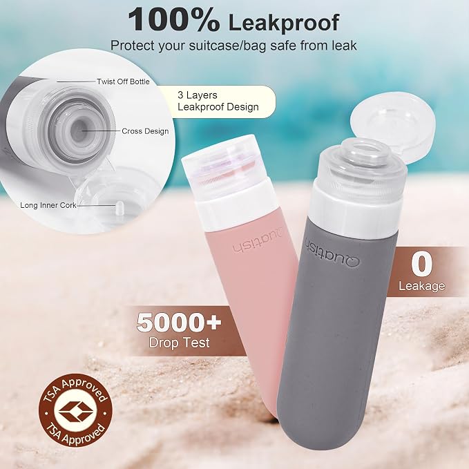 Quatish 15 Pack Travel Bottles for Toiletries, Original Patented, TSA Approved Travel Size Containers, Leak Proof Silicone Shampoo and Conditioner Bottles Women & Men, Airplane Essentials, Dusty Pink - Image 3