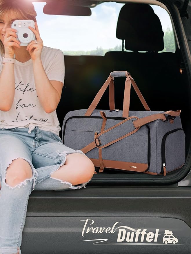 Lekesky Foldable Travel Duffel Bag for Women, 60L Large Duffle Bag with Separate Shoes Compartments & Straps, Carry On Weekend Bag for Women, Hospital, Overnight(Grey) - Image 2