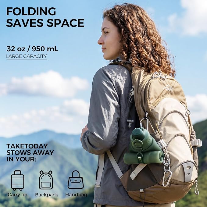 TakeToday Collapsible Water Bottles, Foldable for Travel, 32oz, Purple | Compact Foldable Travel Bottle with Straw, TSA-Approved Leakproof Silicone, BPA-Free for Hiking & Outdoors - Image 3