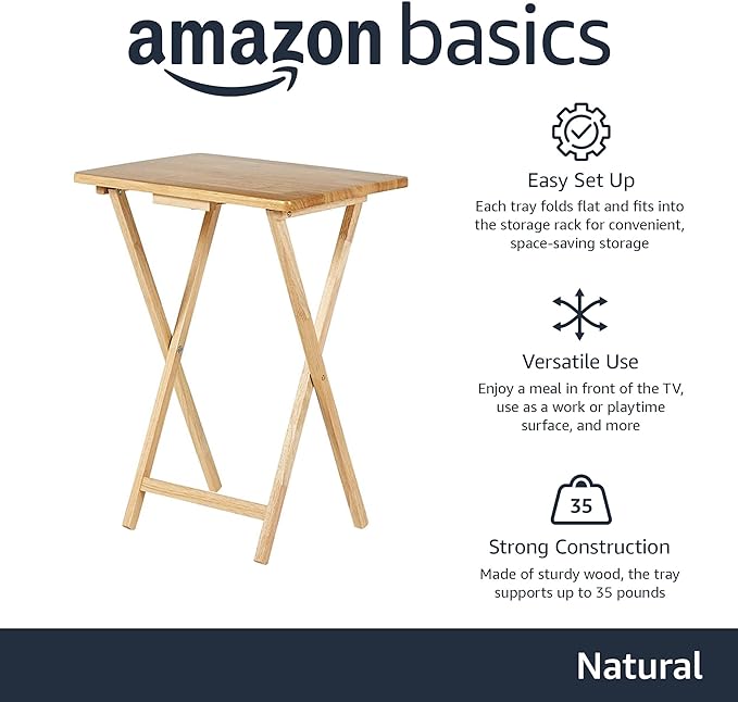 Amazon Basics Classic Foldable TV Dinner Tray Table with Storage Rack, 14.6 L x 19 W x 26 H inch, Natutral, 4-Pack - Image 2
