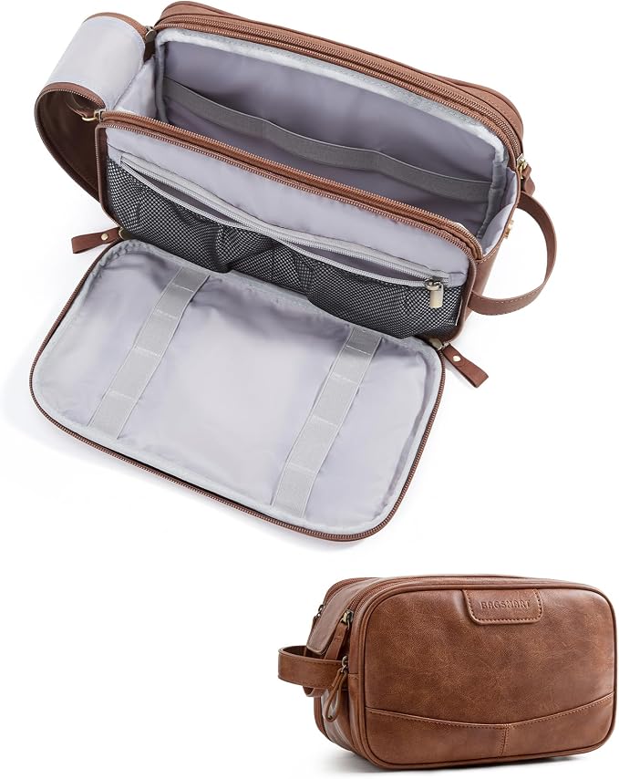 BAGSMART Large Toiletry Bag for Men, PU Leather Water Resistant, Red Brown | High-gloss, Travel Bag for Toiletries, Dopp Kit, Shaving Bag for Bathroom Shower by BAGSMART
