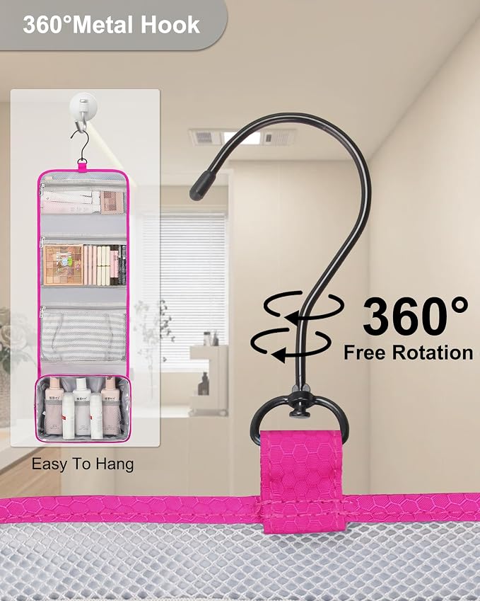 Relavel HangingTravel Toiletry Bag for Women, Large Capacity Toiletries Bag, Travel Essentials Organizer, Hanging Makeup Case for Accessories, Waterproof Bathroom Shower Bag (hot pink) - Image 4