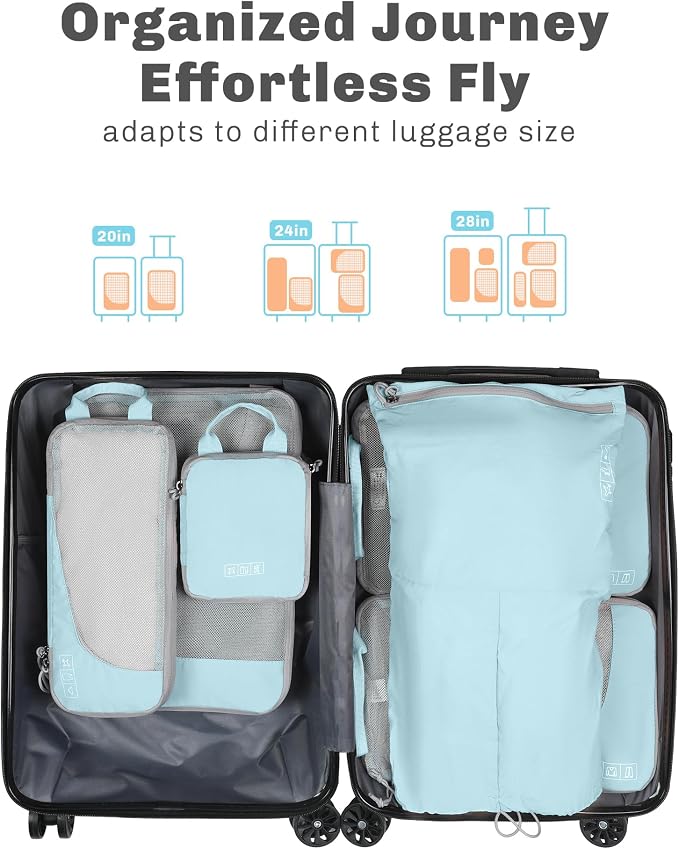 6 Set/ 4 Set/ 2 Set Compression Packing Cubes Travel Essentials Lightweight Nylon Luggage Suitcase Organizer Bag Light Blue 6PCS - Image 3