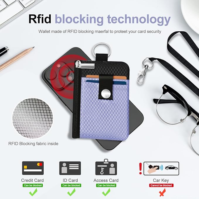 Minimalist RFID Blocking Small Wallet with ID Window,WaterResistant Zip Id Case Wallet with Lanyard Keychain for Cards,Cash,Travel,Women,Men (Lavender Purple/Black) - Image 4