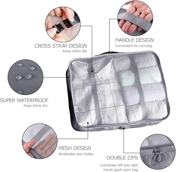 LANSKLBD 6/8 Set Packing Cubes for Suitcases Travel Luggage Packing Organizers,Travel Accessories Essentials Luggage Organizer with Shoe/Tioletry/Laundry Bag (Grey, 6 set) - Image 2