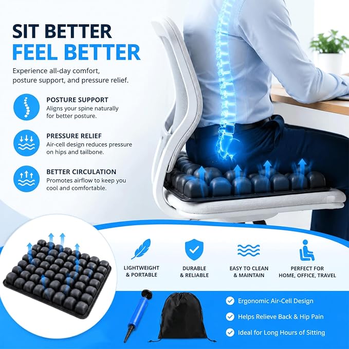Travel Cushion for Airplane, Ergonomic Air Cell Design for Long Flights, Inflatable Seat Cushion for Office, Car and Wheelchair Use, Portable Inflatable Cushion with Compact Travel Design - Image 3