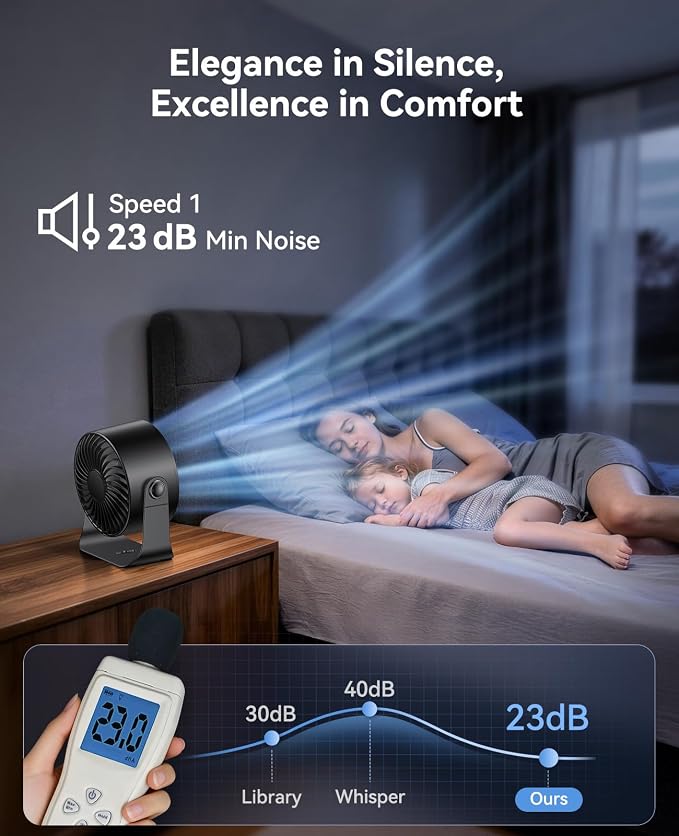 DIGIX Portable Desk Fan, 100 Speeds, 360° Rotation, USB Rechargeable | Quiet LED Display Table Fan with Wall Mount Design. Small Personal Cooling Fans for Home, Bedroom, Office & Travel, Black - Image 6